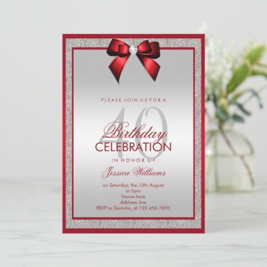 Elegante Ruby Red Silver Glitter 40e verjaardag Kaart (Staand voorkant)