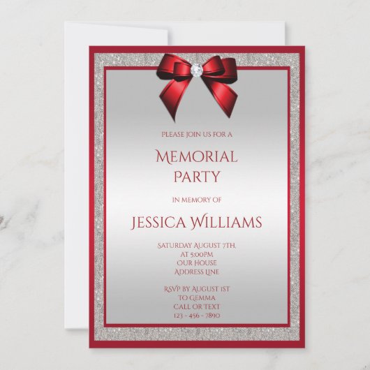 Elegante Ruby Red Silver Glitter Memorial Party Kaart (Voorkant)