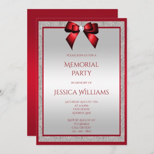 Elegante Ruby Red Silver Glitter Memorial Party Kaart (Voorkant / Achterkant)