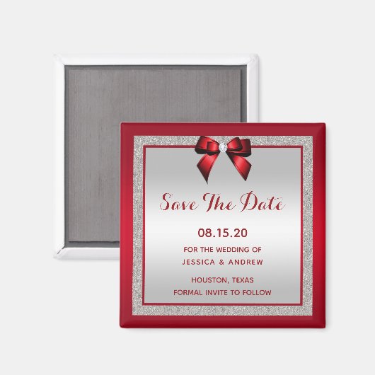 Elegante Ruby Red & Silver Glitter Save The Date Magneet (Voorkant / Achterkant)