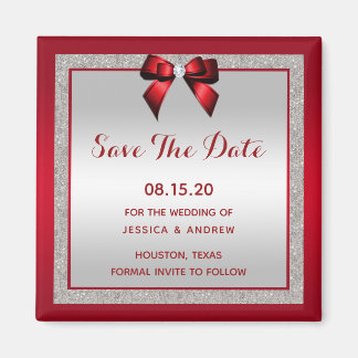 Elegante Ruby Red & Silver Glitter Save The Date Magneet