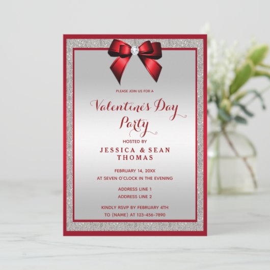 Elegante Ruby Red & Silver Glitter Valentijn's Day Kaart (Staand voorkant)