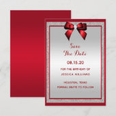 Elegante Ruby Red & Silver Glitter Verjaardag Save The Date (Voorkant / Achterkant)