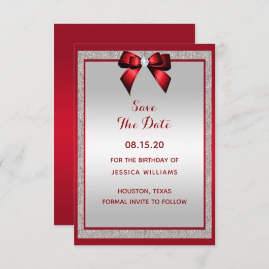 Elegante Ruby Red & Silver Glitter Verjaardag Save The Date (Voorkant / Achterkant)