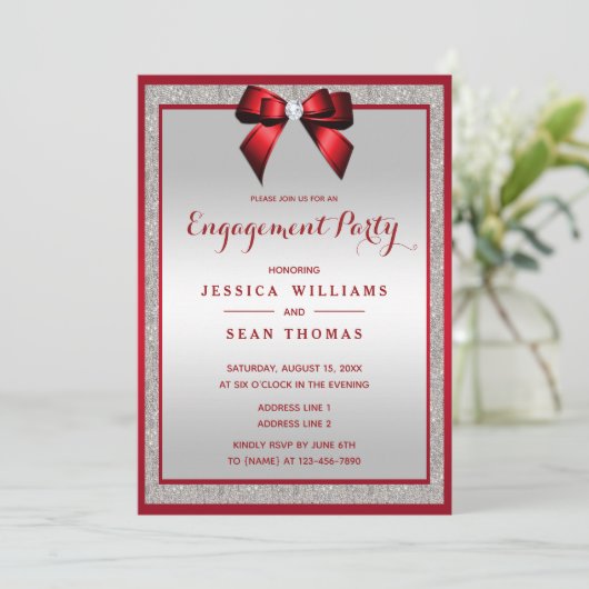 Elegante Ruby Red & Silver Glitter Verlovingsfeest Kaart (Staand voorkant)