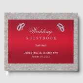 Elegante Ruby Rode & Sparkly Zilveren Ringen Bruil Gastenboek (Voorkant)