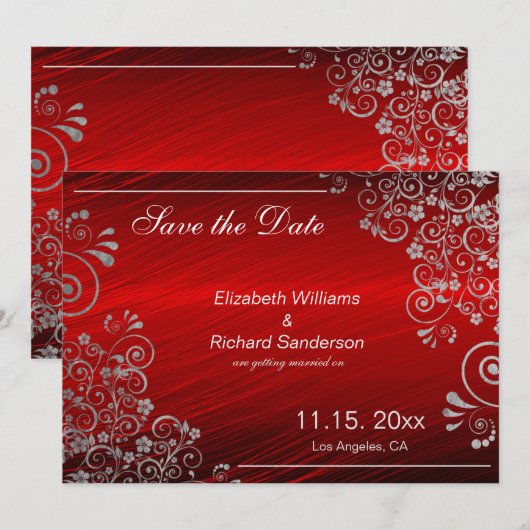 Elegante Ruby Rood Grijs Save the Date  Trouwen (Voorkant / Achterkant)