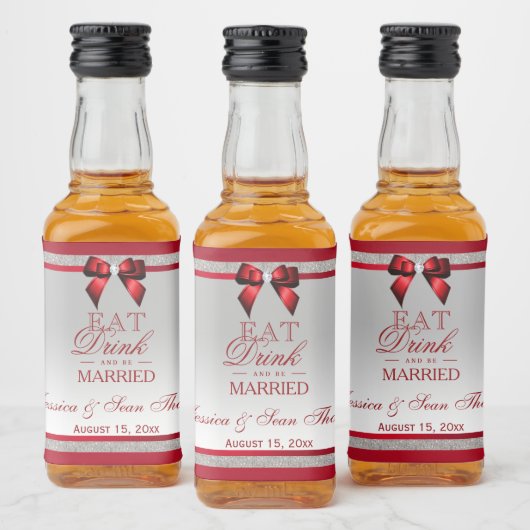 Elegante Ruby Rood & Zilver Glitter Bruiloft Mini Likeurfles Etiket (Flessen)