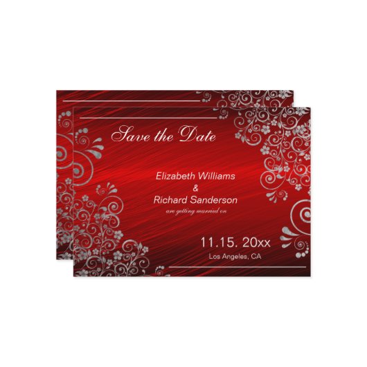 Elegante Rubyrood Grijze Save the Date  Huwelijk (Voorkant / Achterkant in situ)