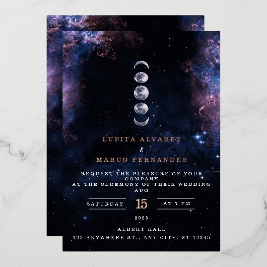 Elegante ruimte thema astronomie maan trouw uitnod folie uitnodiging (Voorkant / Achterkant)