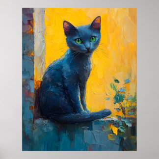 Elegante Russische Blauwe Kat – Zonsondergang Balk Poster