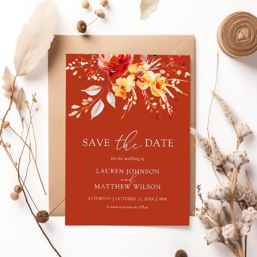Elegante Rust Sinaasappel Boho Waterverf Bloemen H Save The Date