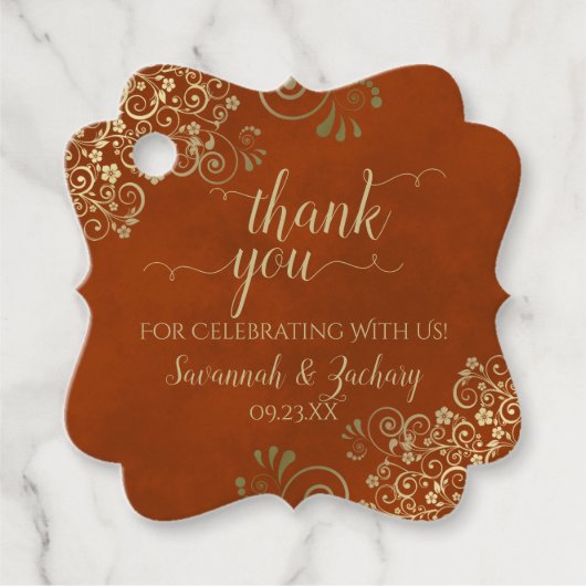 Elegante Rust Sinaasappel & Gold Curls Wedding Bed Bedankjes Labels (Voorkant)