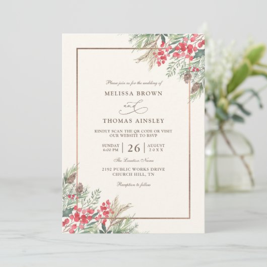 Elegante Rustieke Aquarel Budget QR Code Trouwen Kaart (Staand voorkant)