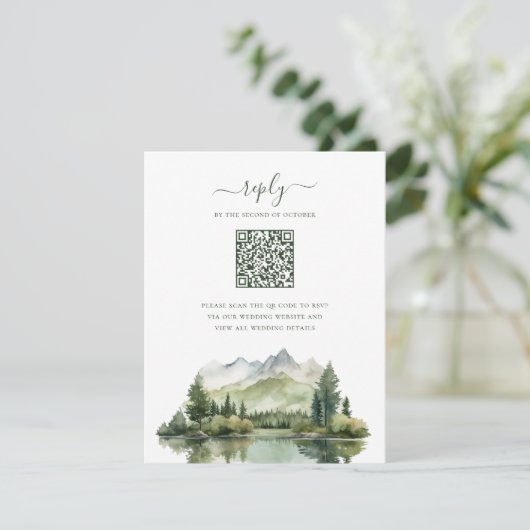 Elegante Rustieke Berglandschap QR Code Bruiloft RSVP Kaartje (Staand voorkant)
