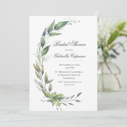 Elegante Rustieke Bladeren Groene Bruidsborrel Kaart (Staand voorkant)