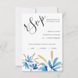 Elegante rustieke blauwe en gouden wilde bloemen RSVP kaartje