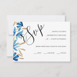 Elegante rustieke blauwe en gouden wilde bloemen RSVP kaartje