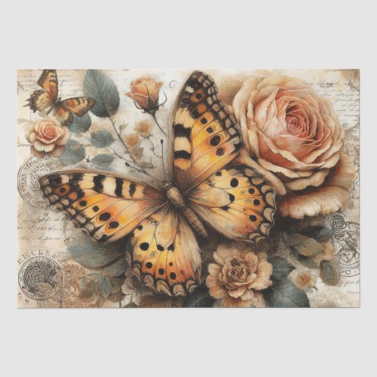 Elegante Rustieke Bloem- en Script- Vintage Decoup Tissuepapier (Voorkant)