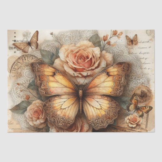 Elegante Rustieke Bloem- & Script Vintage Decoupag Tissuepapier (Voorkant)