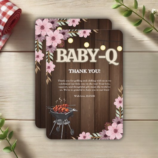 Elegante rustieke Bloemen Baby-Q Grill Baby shower Bedankkaart