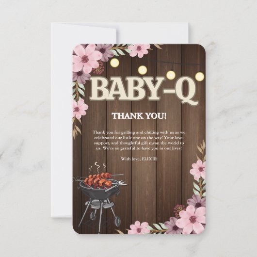 Elegante rustieke Bloemen Baby-Q Grill Baby shower Bedankkaart (Voorkant)