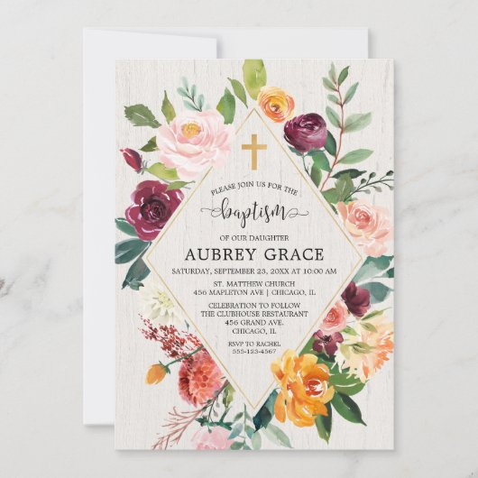 Elegante rustieke bloemen herfst waterverf doop kaart (Voorkant)