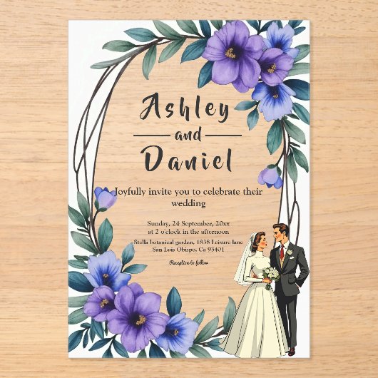 Elegante Rustieke Bloemen Krans Bruid Bruidegom Hu Acryl Uitnodigingen (Voorkant)