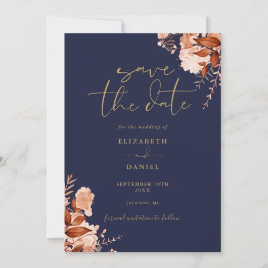Elegante rustieke bloemen marine blauw en goud bru save the date (Voorkant)