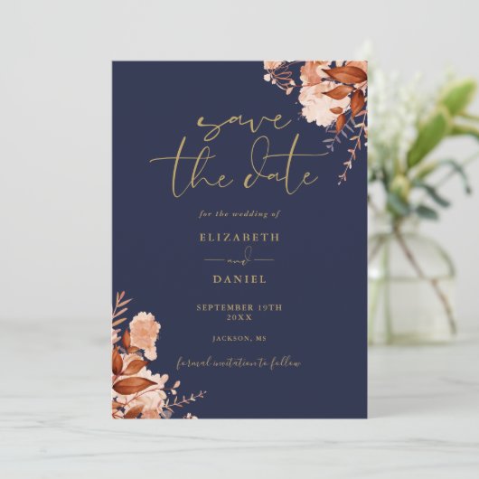 Elegante rustieke bloemen marine blauw en goud bru save the date (Staand voorkant)