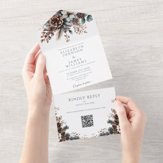 Elegante Rustieke Bloemen Pinecone QR Code Huwelij All In One Uitnodiging (Afscheurbaar)