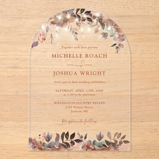 Elegante Rustieke Bloemen String Lichten Boog Huwe Acryl Uitnodigingen (Voorkant)