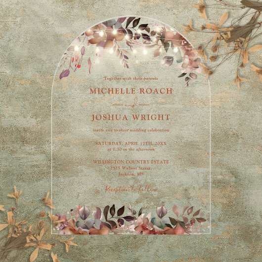 Elegante Rustieke Bloemen String Lichten Boog Huwe Acryl Uitnodigingen