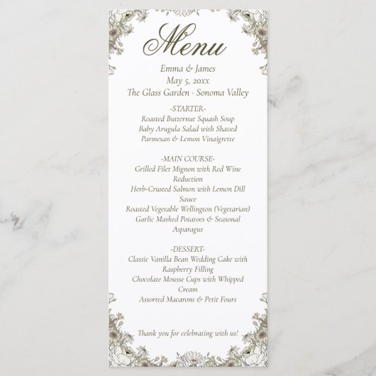 Elegante rustieke bloemenbruiloft menu (Voorkant)