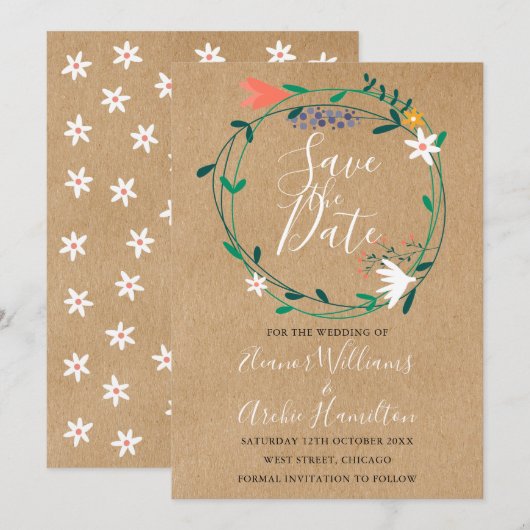 Elegante Rustieke Bloemenguirlande  Bewaar de datu Save The Date (Voorkant / Achterkant)