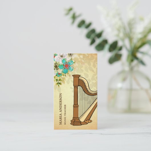 Elegante rustieke bloemenharp muziekleraar visitekaartje (Staand voorkant)
