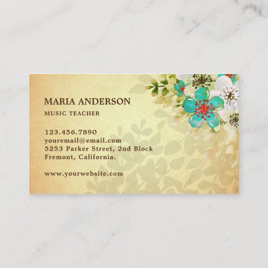 Elegante rustieke bloemenharp muziekleraar visitekaartje (Achterkant)