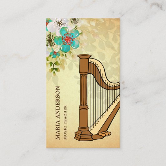 Elegante rustieke bloemenharp muziekleraar visitekaartje (Voorkant)
