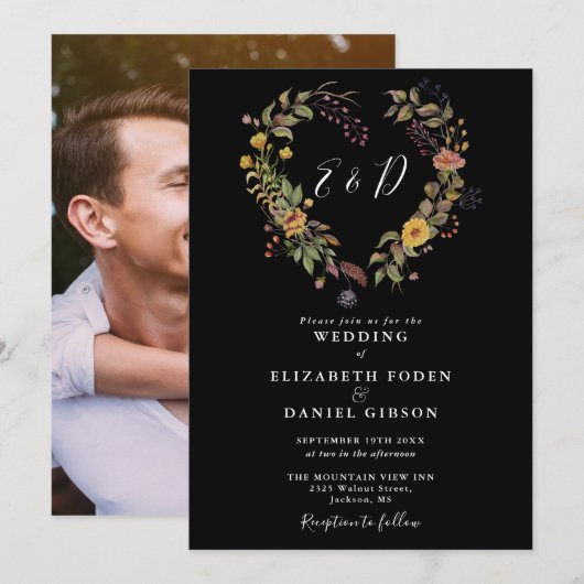 Elegante rustieke bloemenhart foto bruiloft kaart (Voorkant / Achterkant)