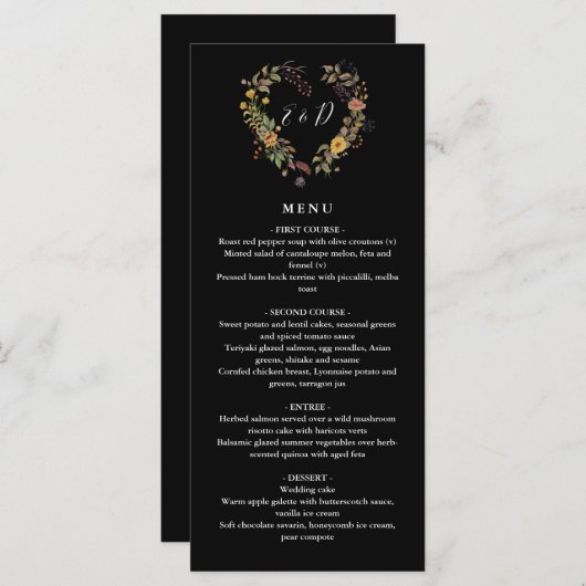 Elegante Rustieke Bloemhart Bruiloft Diner Menu (Voorkant / Achterkant)
