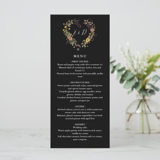 Elegante Rustieke Bloemhart Bruiloft Diner Menu (Staand voorkant)