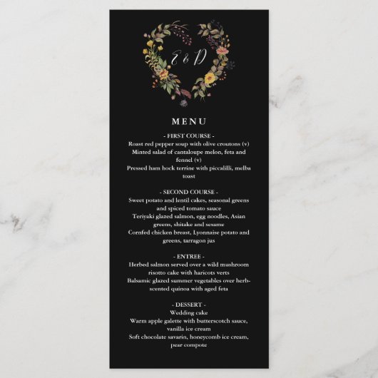 Elegante Rustieke Bloemhart Bruiloft Diner Menu (Voorkant)