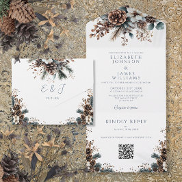 Elegante Rustieke Bloemige Denneappel QR Code Trou All In One Uitnodiging