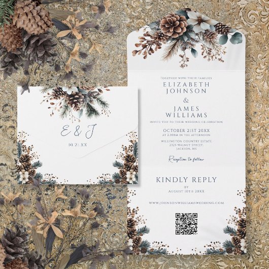 Elegante Rustieke Bloemige Denneappel QR Code Trou All In One Uitnodiging