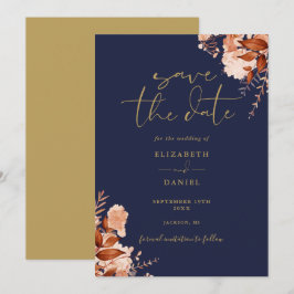 Elegante Rustieke Bloemige Navy Blauwe En Gouden T Save The Date