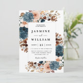 Elegante rustieke Boho bloemenmarine blauwe bruilo Kaart (Staand voorkant)