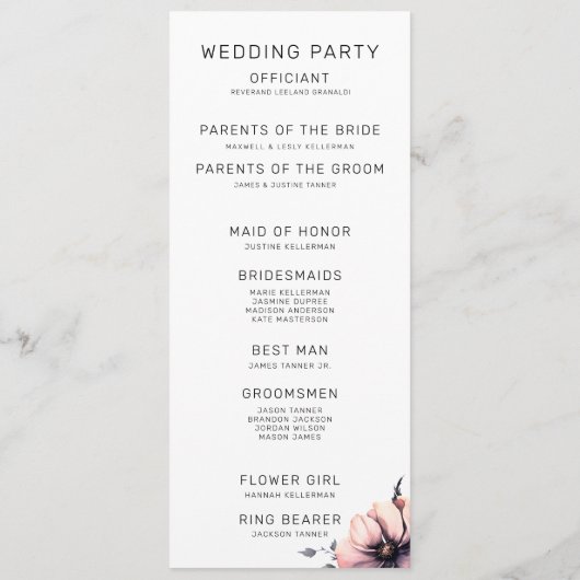 Elegante rustieke Boho Blush Roze Bloemen Huwelijk Programmakaart (Achterkant)