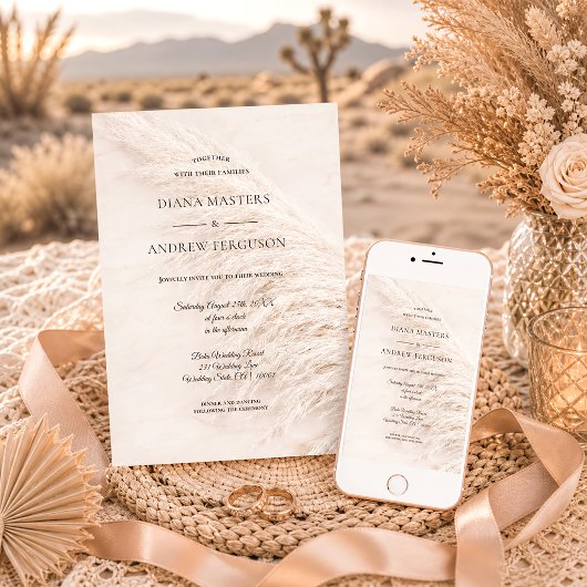 Elegante Rustieke Boho Pampas Gras Bruiloft Kaart