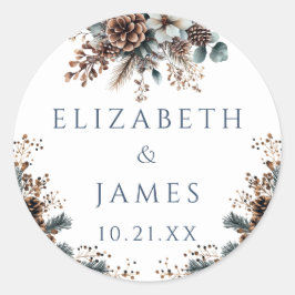 Elegante rustieke bos bloemen pinecones bruiloft ronde sticker