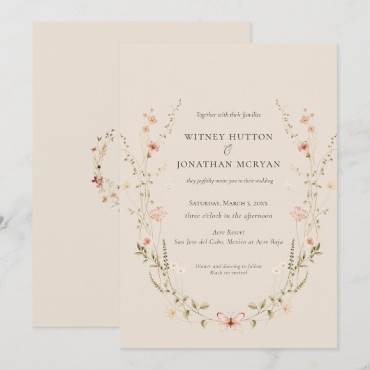 Elegante rustieke botanische kalligrafie bruiloft kaart (Voorkant / Achterkant)